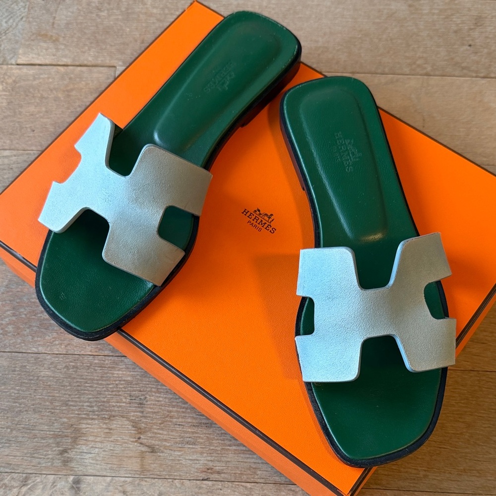 Hermes Green and White Sandals